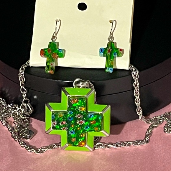 Vibrant Green Millefiori Glass Cross Necklace & Earring Set - Picture 1 of 5